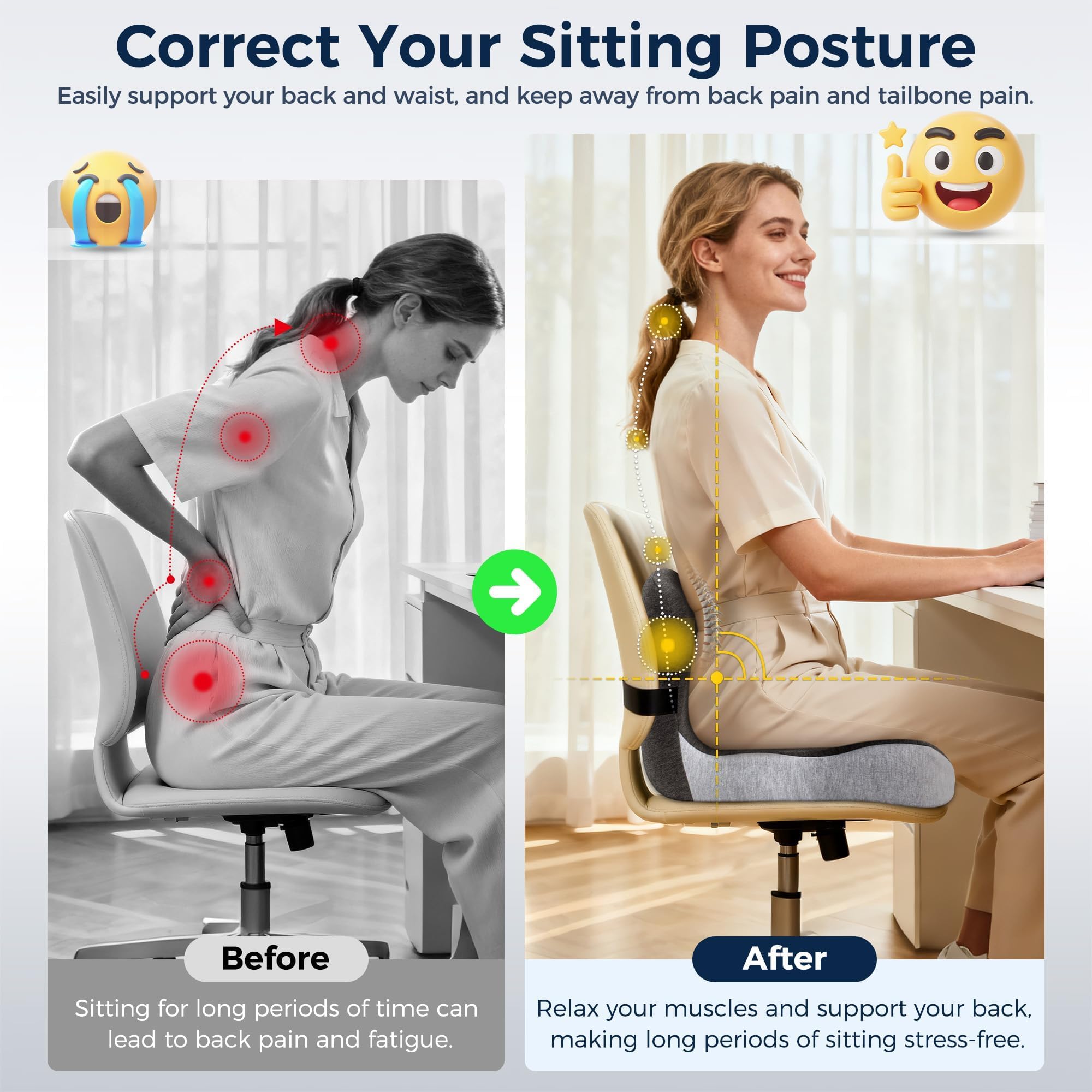 SSPATIOS Office Seat Cushion, Office Chair Cushions for Pressure Relief, Seat Cushions for Office Chair with L-Shaped Ergonomic Design & Adjustable Strap, Memory Foam Chair Cushion for Sitting