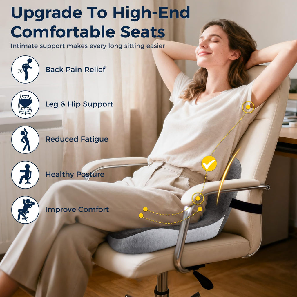 SSPATIOS Office Seat Cushion, Office Chair Cushions for Pressure Relief, Seat Cushions for Office Chair with L-Shaped Ergonomic Design & Adjustable Strap, Memory Foam Chair Cushion for Sitting