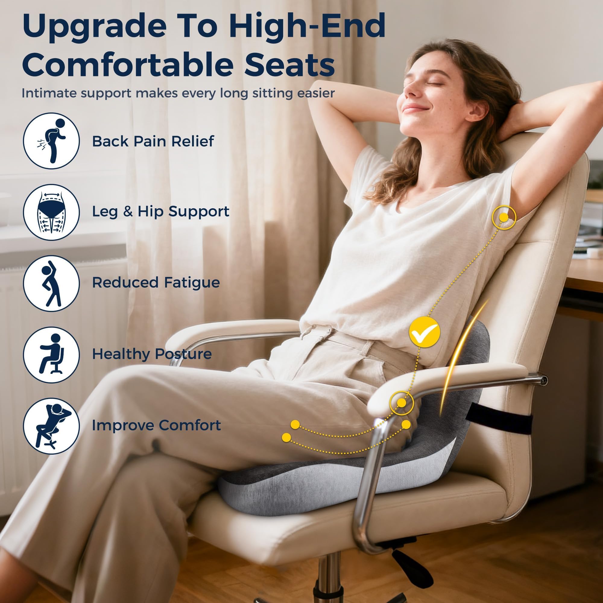 SSPATIOS Office Seat Cushion, Office Chair Cushions for Pressure Relief, Seat Cushions for Office Chair with L-Shaped Ergonomic Design & Adjustable Strap, Memory Foam Chair Cushion for Sitting