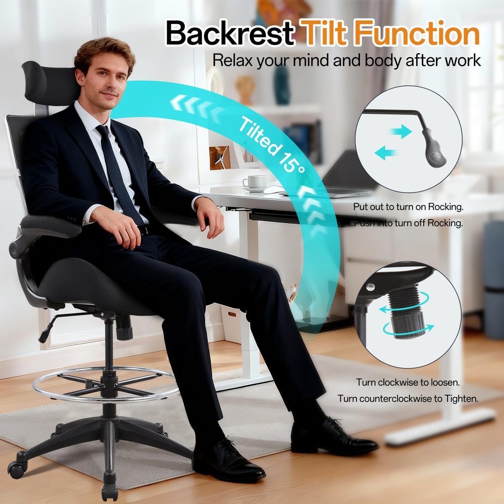 BOLISS 400lbs High Back Computer Office Drafting Chair Flip up Armrests Lumbar Support Adjustable Big Footrest Ring