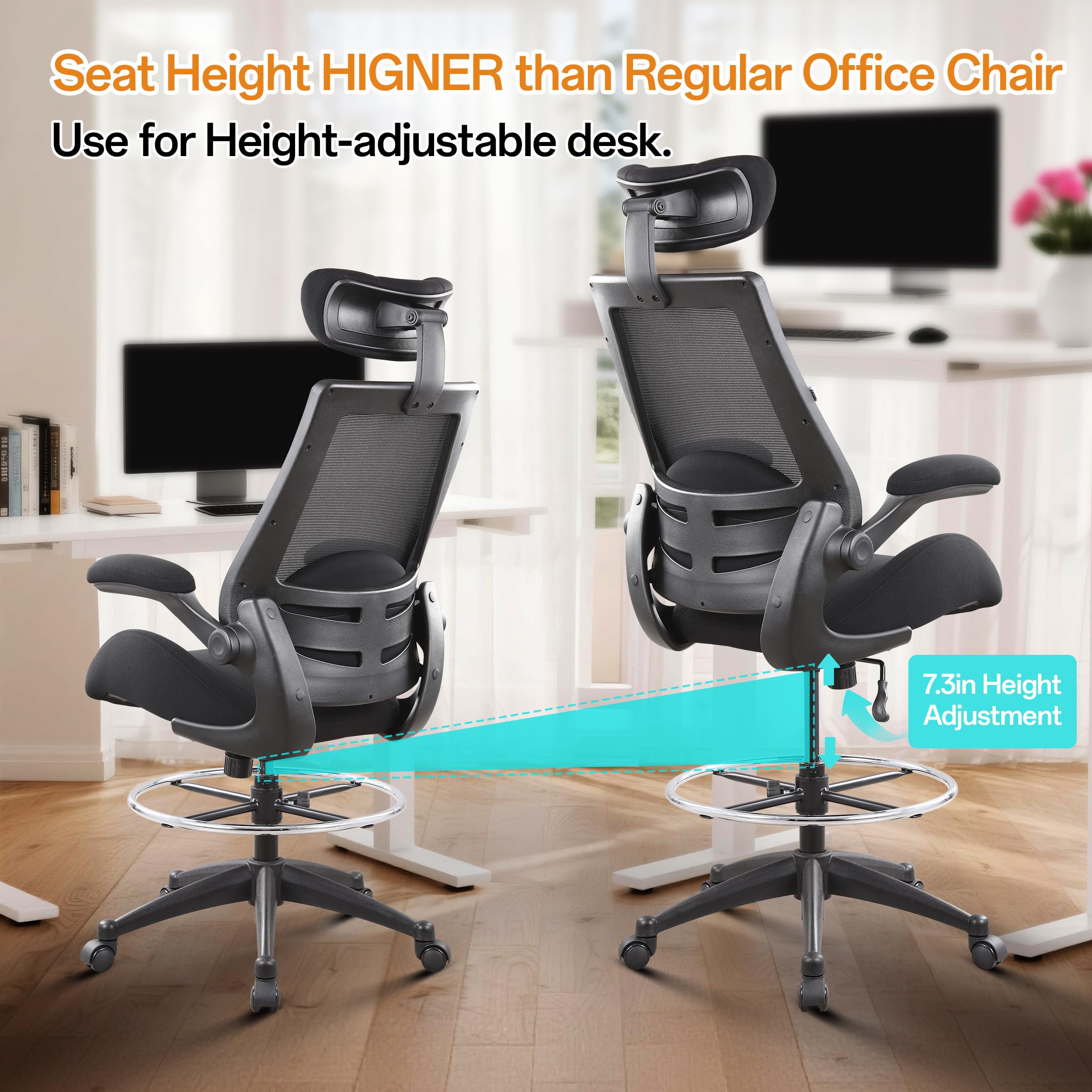 BOLISS 400lbs High Back Computer Office Drafting Chair Flip up Armrests Lumbar Support Adjustable Big Footrest Ring